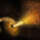 In an artist's conception, a black hole is a dark spot surrounded by orange plasma and spewing a bright yellow jet.